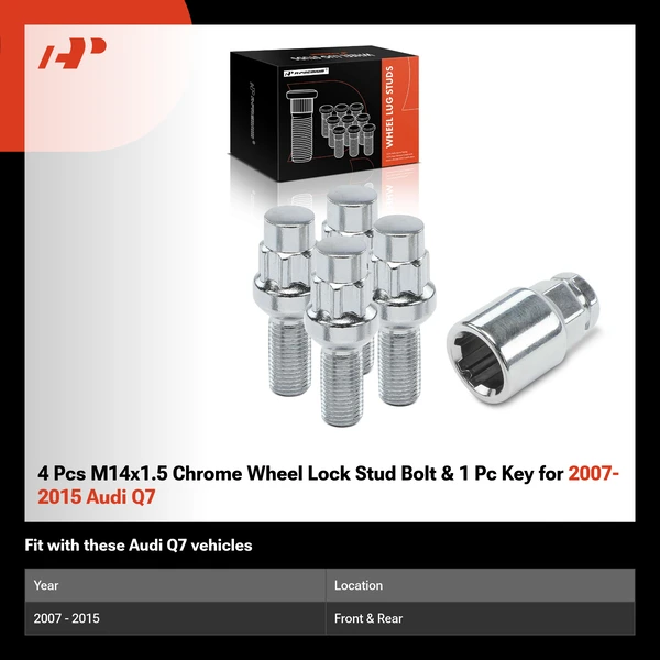 4 Pcs M14x1.5 Chrome Wheel Lock Stud Bolt & 1 Pc Key for 2007-2015 Audi Q7