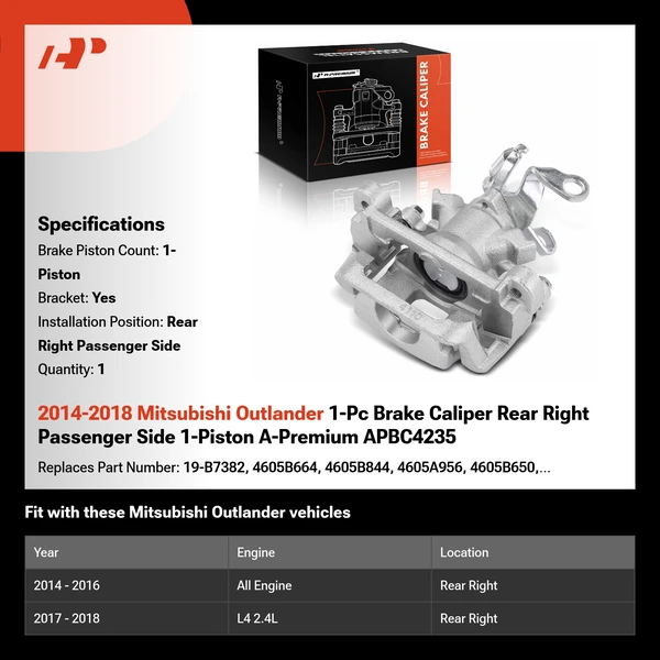 2014-2018 Mitsubishi Outlander 1-Pc Brake Caliper Rear Right Passenger Side 1-Piston A-Premium APBC4235