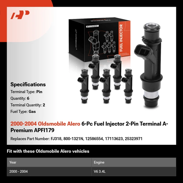 2000-2004 Oldsmobile Alero 6-Pc Fuel Injector 2-Pin Terminal A-Premium APFI179