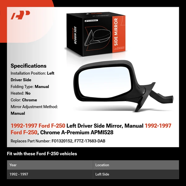 1992-1997 Ford F-250 Left Driver Side Mirror, Manual 1992-1997 Ford F-250, Chrome A-Premium APMI528