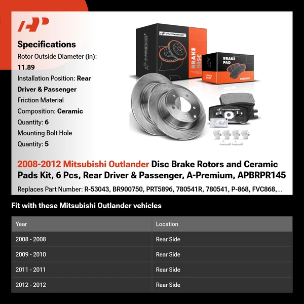 2008-2012 Mitsubishi Outlander Disc Brake Rotors and Ceramic Pads Kit, 6 Pcs, Rear Driver & Passenger, A-Premium, APBRPR145