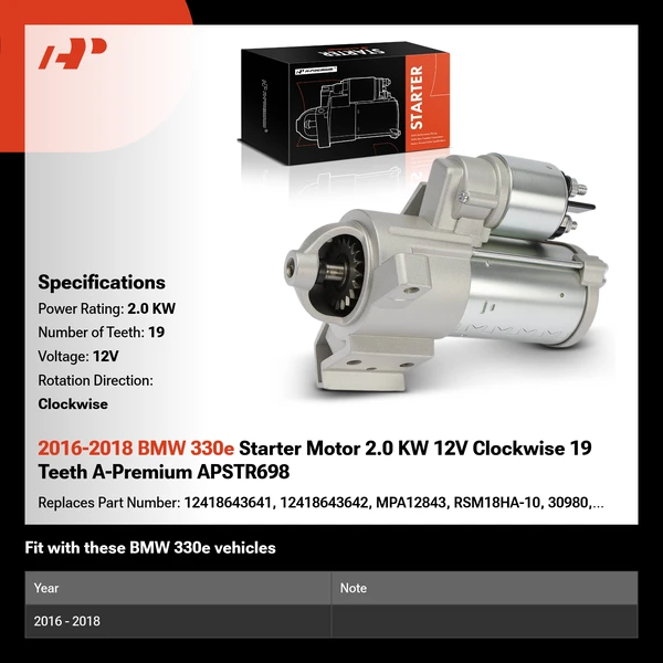 2016-2018 BMW 330e Starter Motor 2.0 KW 12V Clockwise 19 Teeth A-Premium APSTR698