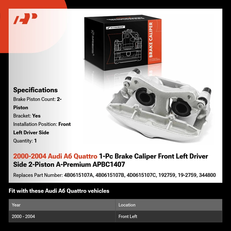2000-2004 Audi A6 Quattro 1-Pc Brake Caliper Front Left Driver Side 2-Piston A-Premium APBC1407