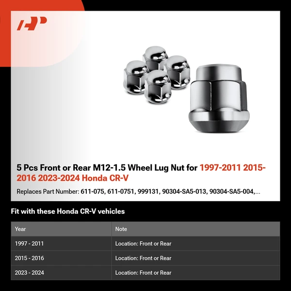 5 Pcs Front or Rear M12-1.5 Wheel Lug Nut for 1997-2011 2015-2016 2023-2024 Honda CR-V