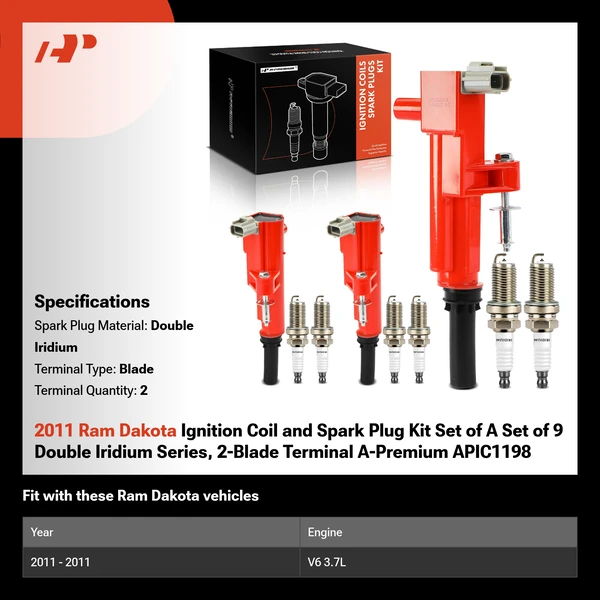 2011 Ram Dakota Ignition Coil and Spark Plug Kit Set of A Set of 9 Double Iridium Series, 2-Blade Terminal A-Premium APIC1198