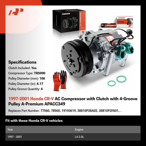 1997-2001 Honda CR-V AC Compressor with Clutch with 4-Groove Pulley A-Premium APACC349