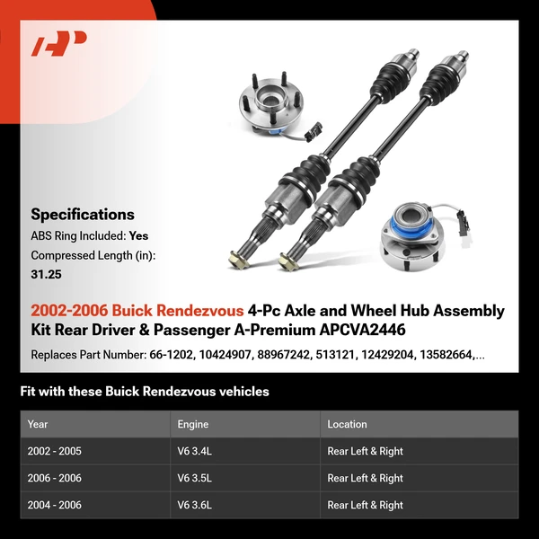 2002-2006 Buick Rendezvous 4-Pc Axle and Wheel Hub Assembly Kit Rear Driver & Passenger A-Premium APCVA2446