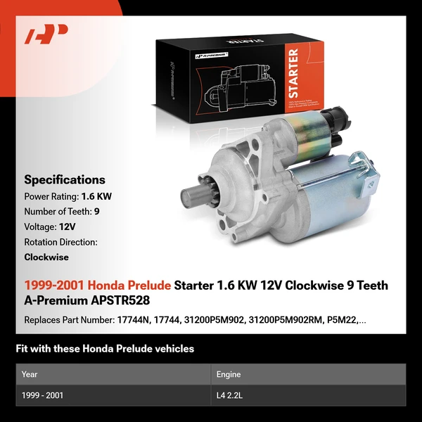 1999-2001 Honda Prelude Starter 1.6 KW 12V Clockwise 9 Teeth A-Premium APSTR528