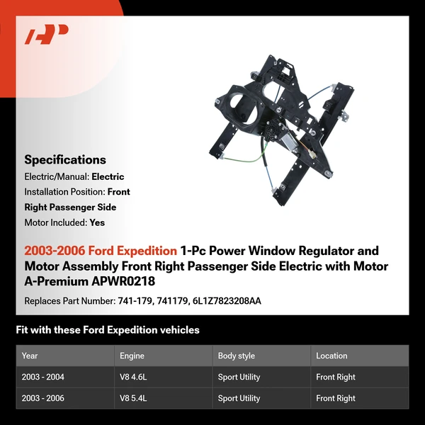 2003-2006 Ford Expedition 1-Pc Power Window Regulator and Motor Assembly Front Right Passenger Side Electric with Motor A-Premium APWR0218