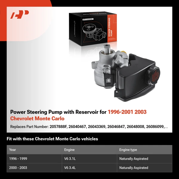 Power Steering Pump with Reservoir for 1996-2001 2003 Chevrolet Monte Carlo
