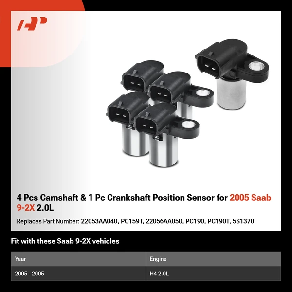 4 Pcs Camshaft & 1 Pc Crankshaft Position Sensor for 2005 Saab 9-2X 2.0L