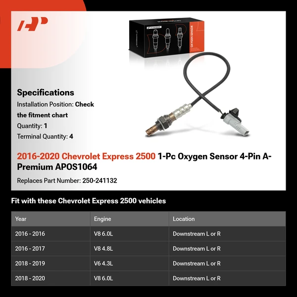 2016-2020 Chevrolet Express 2500 1-Pc Oxygen Sensor 4-Pin A-Premium APOS1064