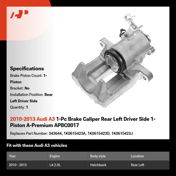 2010-2013 Audi A3 1-Pc Brake Caliper Rear Left Driver Side 1-Piston A-Premium APBC0017