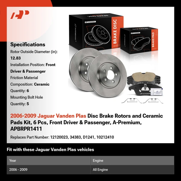 2006-2009 Jaguar Vanden Plas Disc Brake Rotors and Ceramic Pads Kit, 6 Pcs, Front Driver & Passenger, A-Premium, APBRPR1411