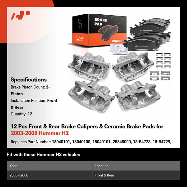 12 Pcs Front & Rear Brake Calipers & Ceramic Brake Pads for 2003-2008 Hummer H2