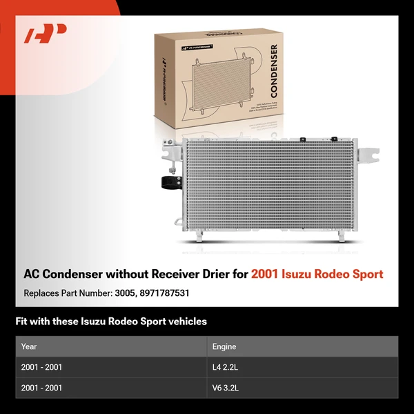 AC Condenser without Receiver Drier for 2001 Isuzu Rodeo Sport