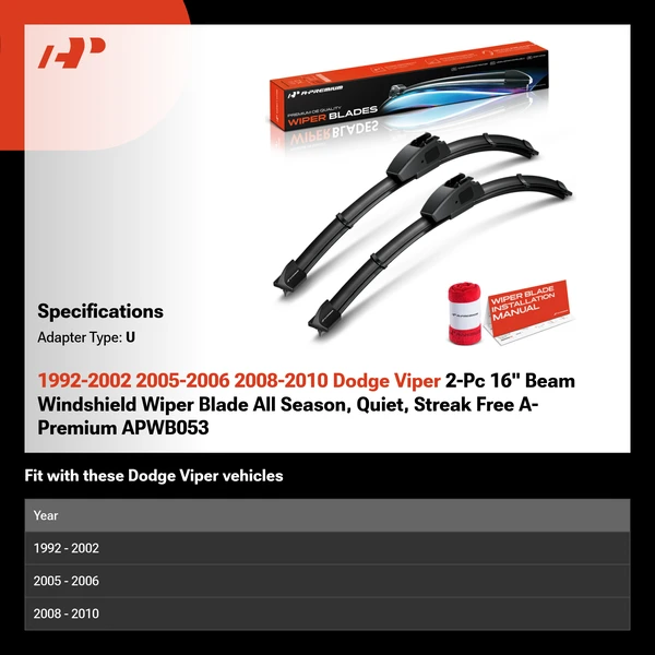 1992-2002 2005-2006 2008-2010 Dodge Viper 2-Pc 16" Beam Windshield Wiper Blade All Season, Quiet, Streak Free A-Premium APWB053