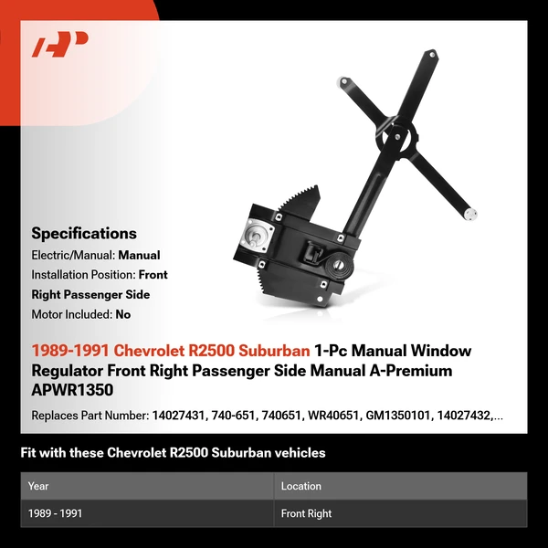 1989-1991 Chevrolet R2500 Suburban 1-Pc Manual Window Regulator Front Right Passenger Side Manual A-Premium APWR1350