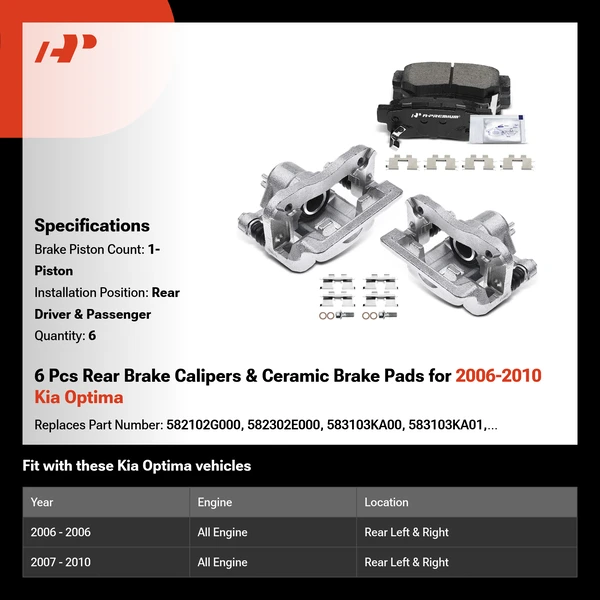 6 Pcs Rear Brake Calipers & Ceramic Brake Pads for 2006-2010 Kia Optima