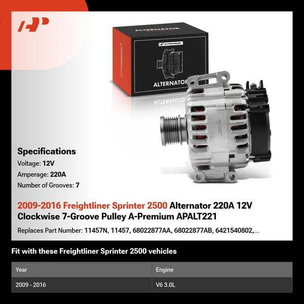 2009-2016 Freightliner Sprinter 2500 Alternator 220A 12V Clockwise 7-Groove Pulley A-Premium APALT221