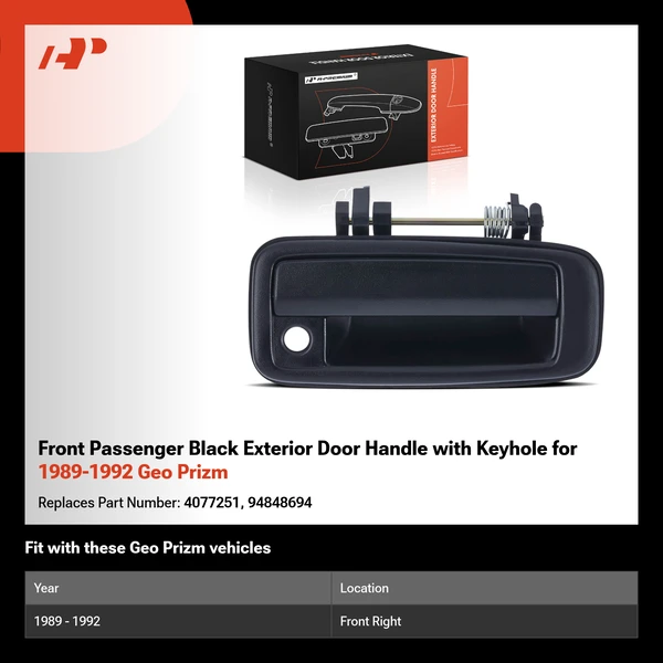 Front Passenger Black Exterior Door Handle with Keyhole for 1989-1992 Geo Prizm