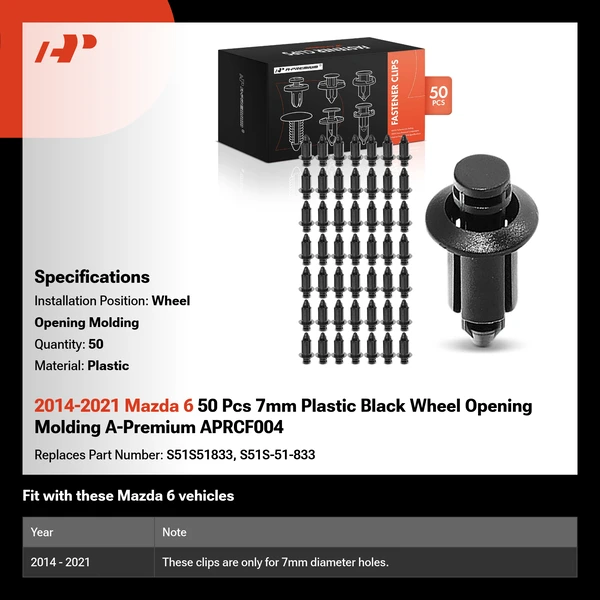 2014-2021 Mazda 6 50 Pcs 7mm Plastic Black Wheel Opening Molding A-Premium APRCF004