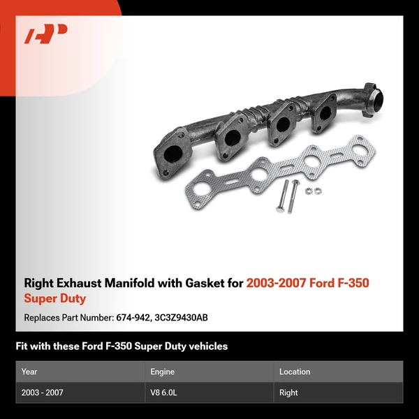 Right Exhaust Manifold with Gasket for 2003-2007 Ford F-350 Super Duty