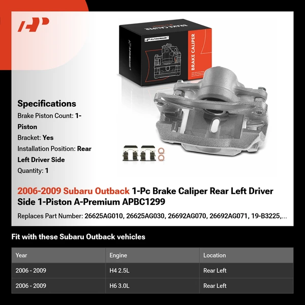 2006-2009 Subaru Outback 1-Pc Brake Caliper Rear Left Driver Side 1-Piston A-Premium APBC1299