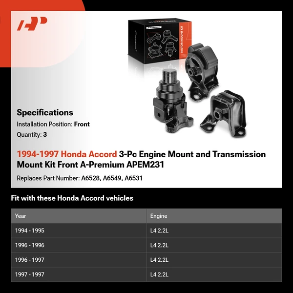 1994-1997 Honda Accord 3-Pc Engine Mount and Transmission Mount Kit Front A-Premium APEM231