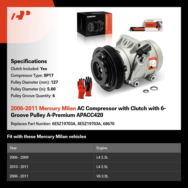 2006-2011 Mercury Milan AC Compressor with Clutch with 6-Groove Pulley A-Premium APACC420