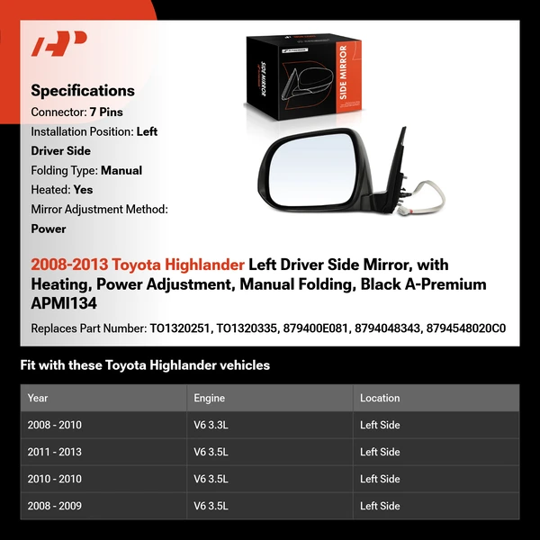 2008-2013 Toyota Highlander Left Driver Side Mirror, with Heating, Power Adjustment, Manual Folding, Black A-Premium APMI134