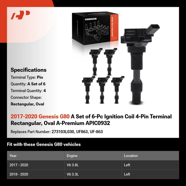 2017-2020 Genesis G80 A Set of 6-Pc Ignition Coil 4-Pin Terminal Rectangular, Oval A-Premium APIC0932