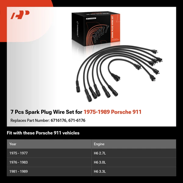 7 Pcs Spark Plug Wire Set for 1975-1989 Porsche 911