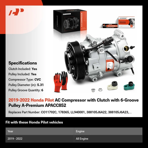 2019-2022 Honda Pilot AC Compressor with Clutch with 6-Groove Pulley A-Premium APACC852