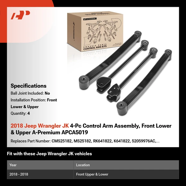 2018 Jeep Wrangler JK 4-Pc Control Arm Assembly, Front Lower & Upper A-Premium APCA5019