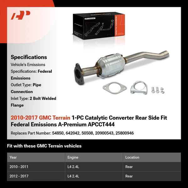 2010-2017 GMC Terrain 1-PC Catalytic Converter Rear Side Fit Federal Emissions A-Premium APCCT444