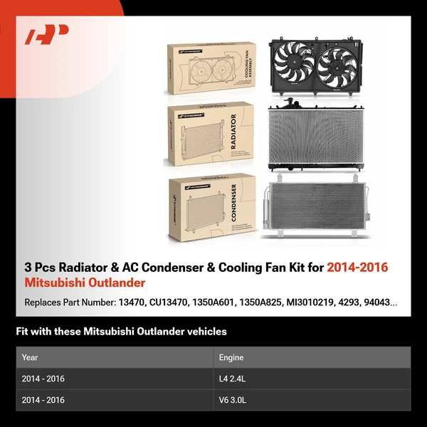 3 Pcs Radiator & AC Condenser & Cooling Fan Kit for 2014-2016 Mitsubishi Outlander