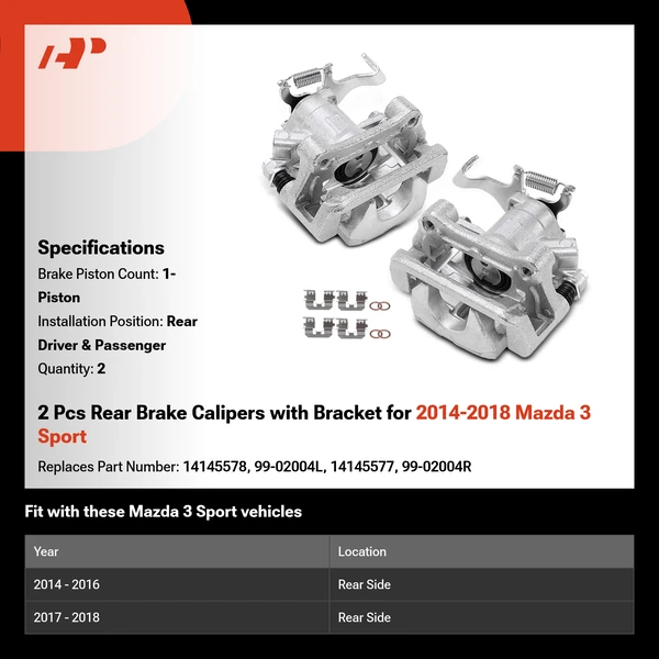 2 Pcs Rear Brake Calipers with Bracket for 2014-2018 Mazda 3 Sport