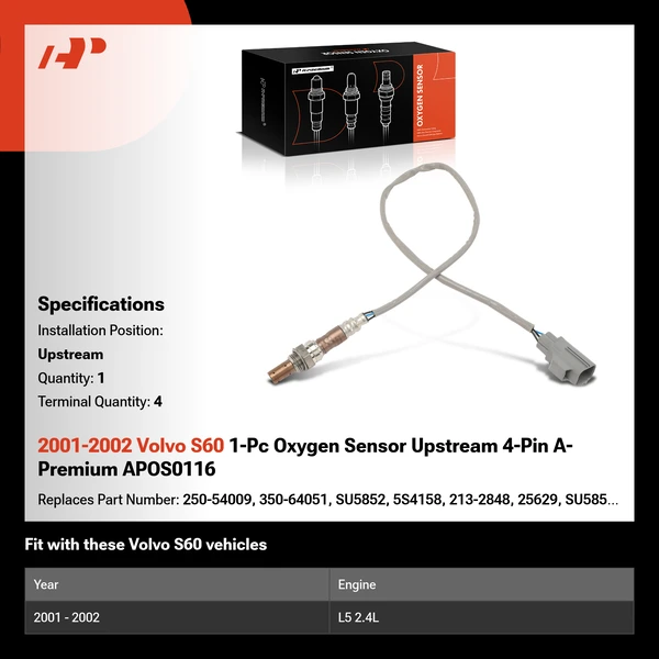 2001-2002 Volvo S60 1-Pc Oxygen Sensor Upstream 4-Pin A-Premium APOS0116