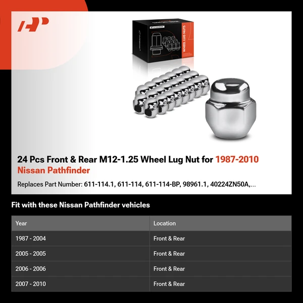 24 Pcs Front & Rear M12-1.25 Wheel Lug Nut for 1987-2010 Nissan Pathfinder