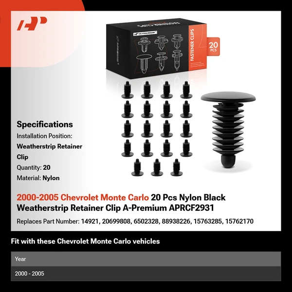 2000-2005 Chevrolet Monte Carlo 20 Pcs Nylon Black Weatherstrip Retainer Clip A-Premium APRCF2931