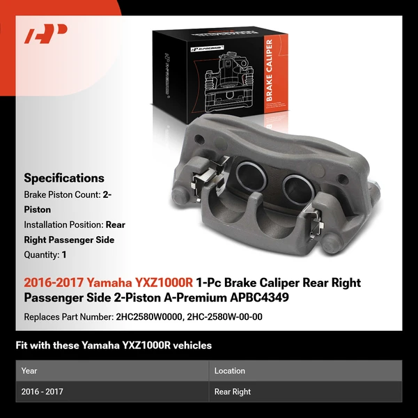 2016-2017 Yamaha YXZ1000R 1-Pc Brake Caliper Rear Right Passenger Side 2-Piston A-Premium APBC4349