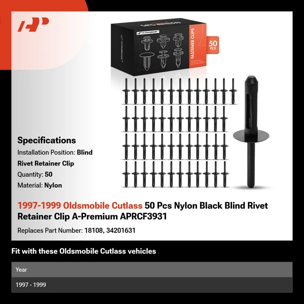 1997-1999 Oldsmobile Cutlass 50 Pcs Nylon Black Blind Rivet Retainer Clip A-Premium APRCF3931