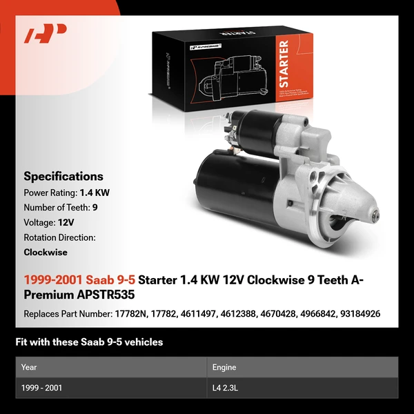 1999-2001 Saab 9-5 Starter 1.4 KW 12V Clockwise 9 Teeth A-Premium APSTR535