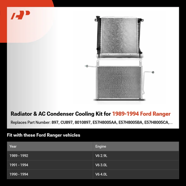 Radiator & AC Condenser Cooling Kit for 1989-1994 Ford Ranger