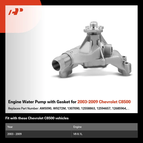 Engine Water Pump with Gasket for 2003-2009 Chevrolet C8500