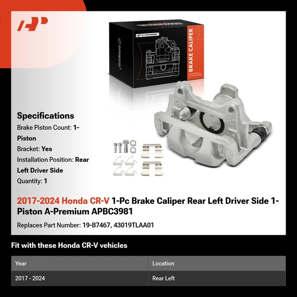 2017-2024 Honda CR-V 1-Pc Brake Caliper Rear Left Driver Side 1-Piston A-Premium APBC3981