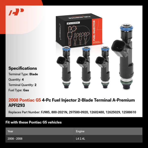 2008 Pontiac G5 4-Pc Fuel Injector 2-Blade Terminal A-Premium APFI293