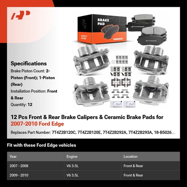 12 Pcs Front & Rear Brake Calipers & Ceramic Brake Pads for 2007-2010 Ford Edge
