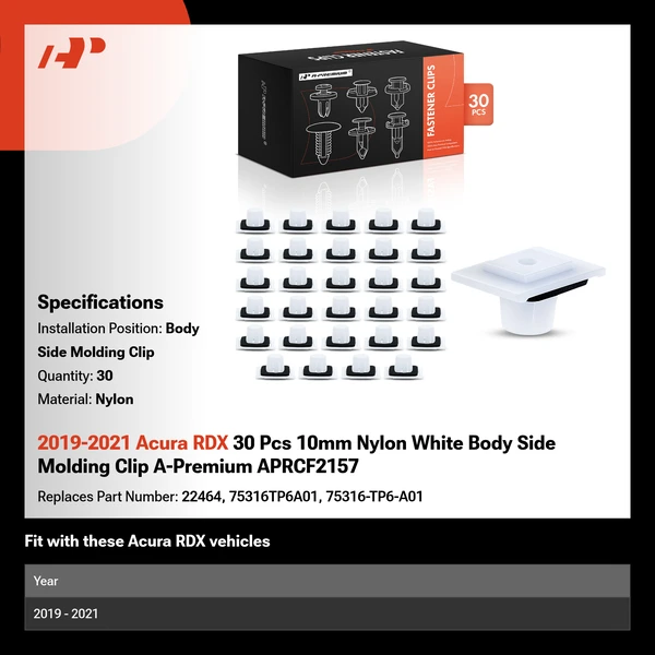 2019-2021 Acura RDX 30 Pcs 10mm Nylon White Body Side Molding Clip A-Premium APRCF2157